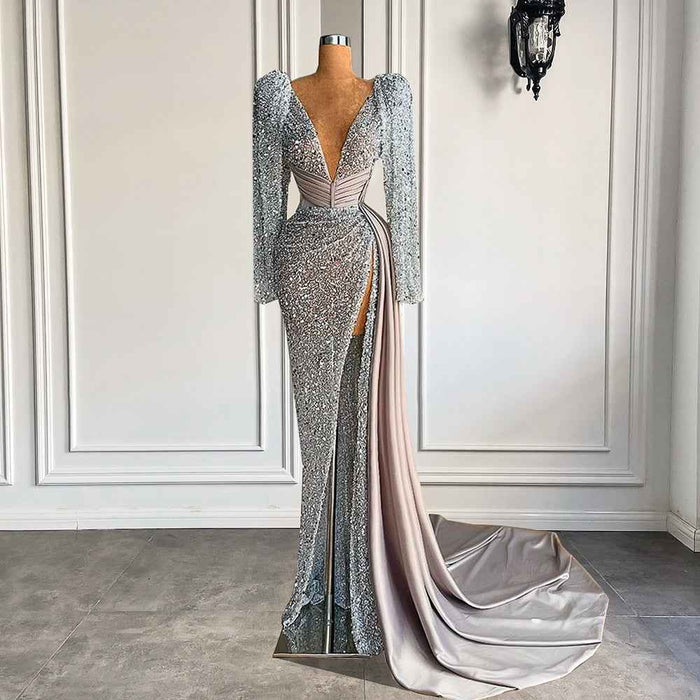 Long Sleeve Mermaid Evening Dress V-neck Luxury Beaded Silver High Slit Formal Gown