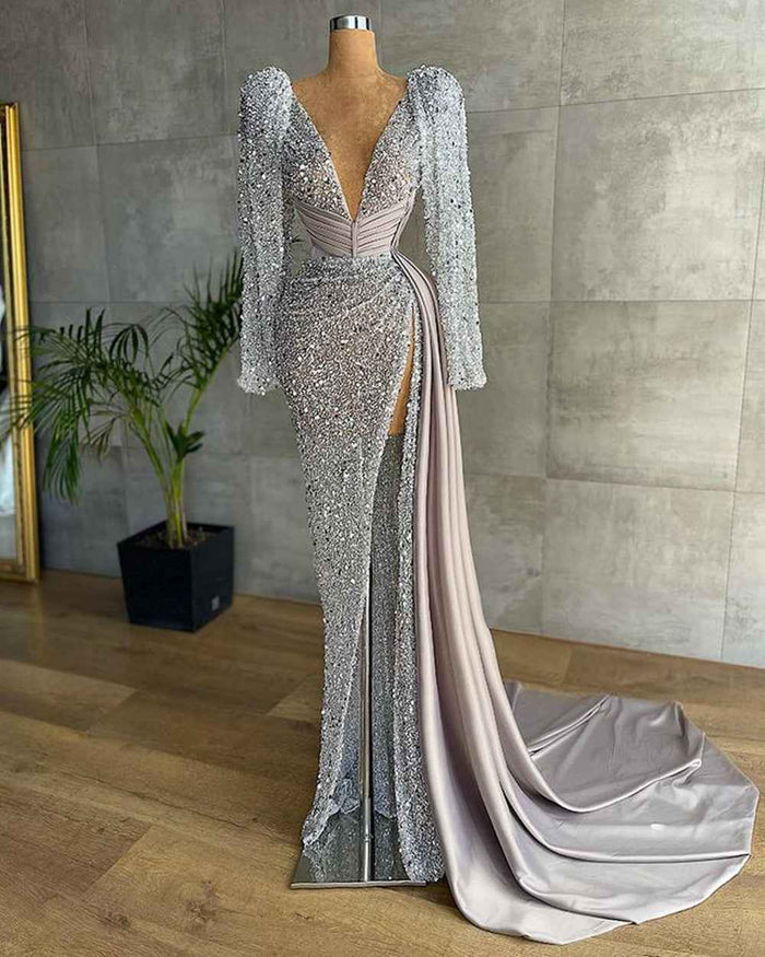 Long Sleeve Mermaid Evening Dress V-neck Luxury Beaded Silver High Slit Formal Gown