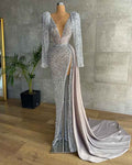 Long Sleeve Mermaid Evening Dress V-neck Luxury Beaded Silver High Slit Formal Gown