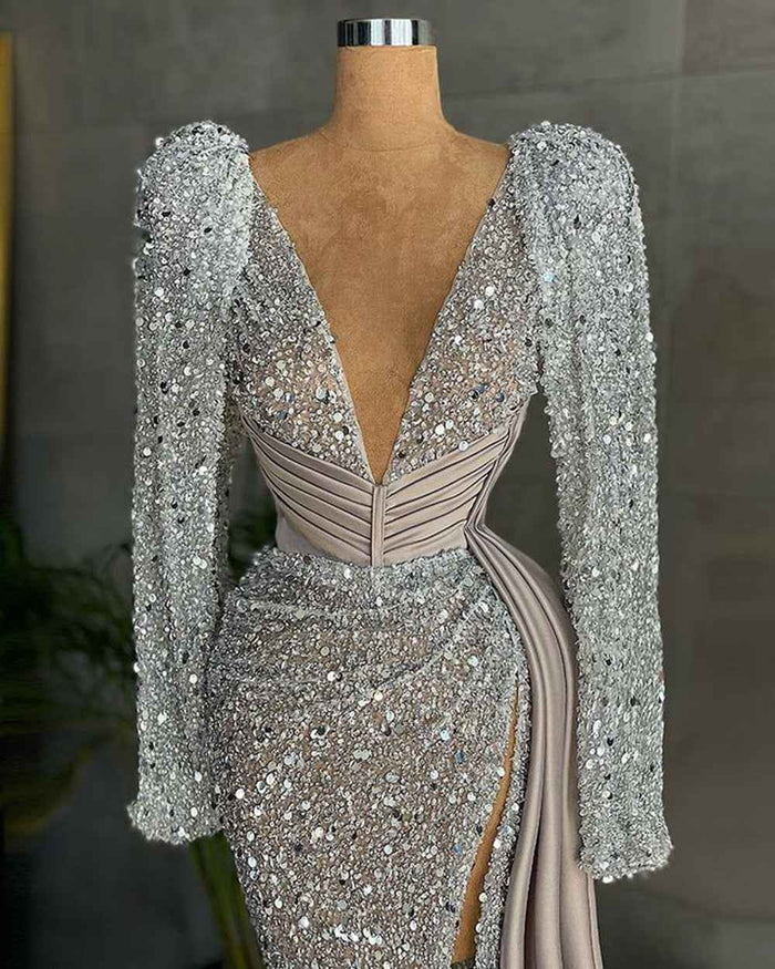 Long Sleeve Mermaid Evening Dress V-neck Luxury Beaded Silver High Slit Formal Gown
