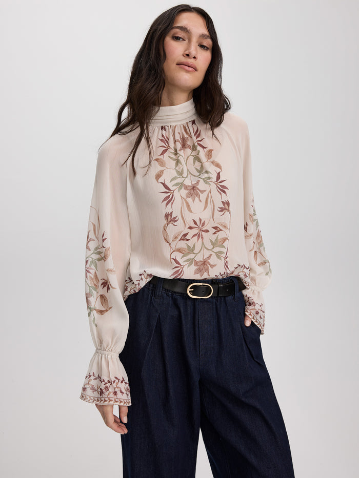 Long-Sleeve Mock-Neck Loose Blouse
