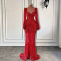 Long Sleeve Red Sequin Evening Gowns with Elegant High Slit and Sweetheart Neckline