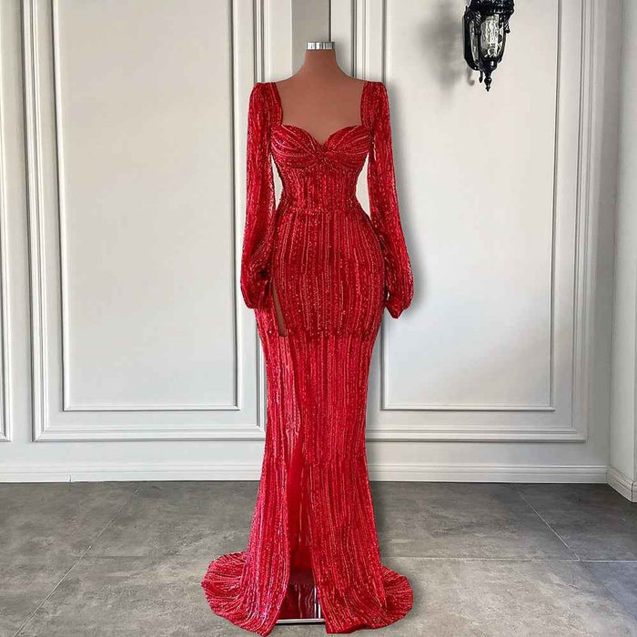Long Sleeve Red Sequin Evening Gowns with Elegant High Slit and Sweetheart Neckline