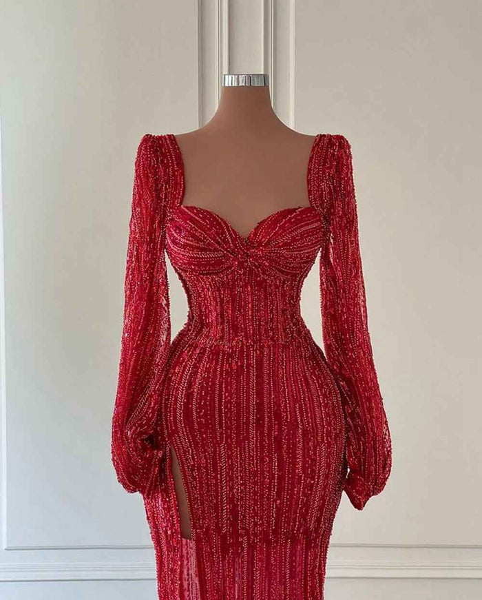 Long Sleeve Red Sequin Evening Gowns with Elegant High Slit and Sweetheart Neckline