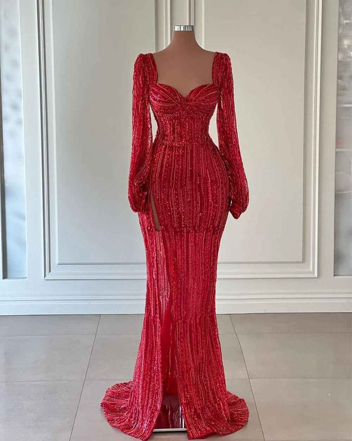 Long Sleeve Red Sequin Evening Gowns with Elegant High Slit and Sweetheart Neckline