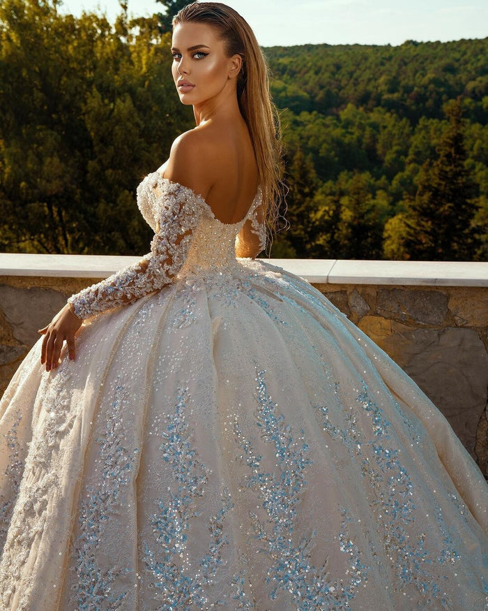 Long Sleeve Sequins Puffy Ball Gown  Wedding Dress