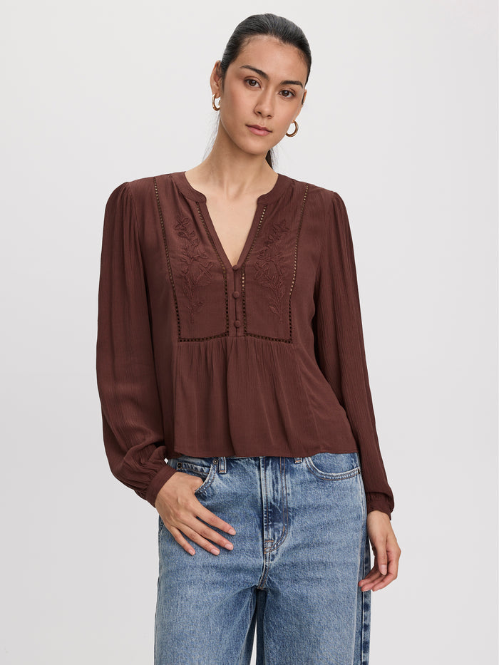 Long-Sleeve Split-Neck Blouse with Embroideries
