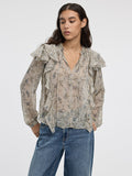 Long-Sleeve Split-Neck Blouse with Ruffled Details