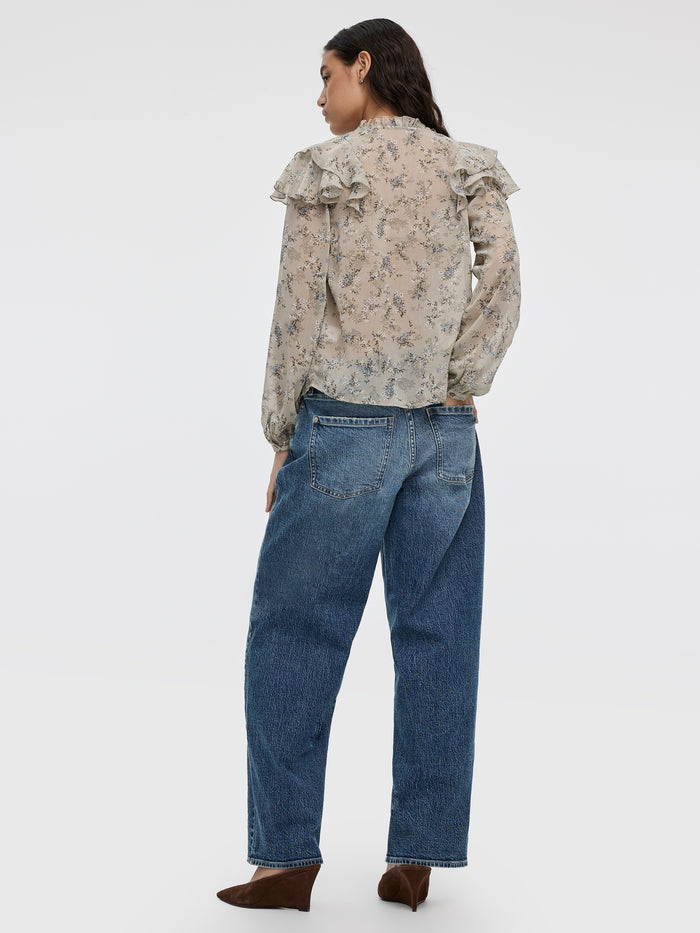 Long-Sleeve Split-Neck Blouse with Ruffled Details