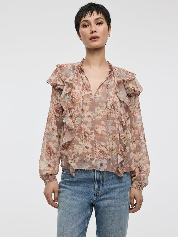 Long-Sleeve Split-Neck Blouse with Ruffled Details