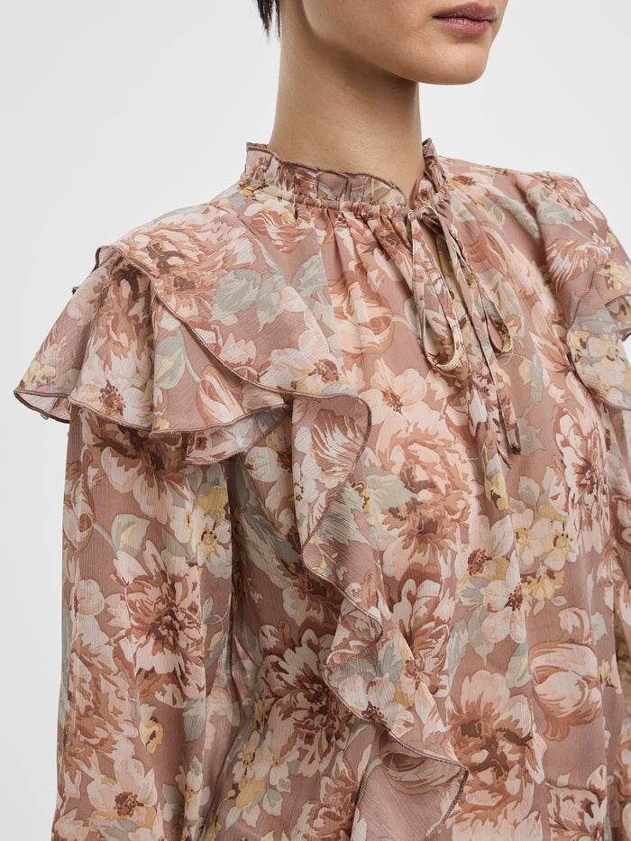 Long-Sleeve Split-Neck Blouse with Ruffled Details