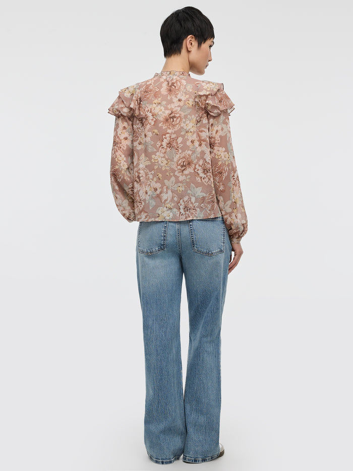 Long-Sleeve Split-Neck Blouse with Ruffled Details