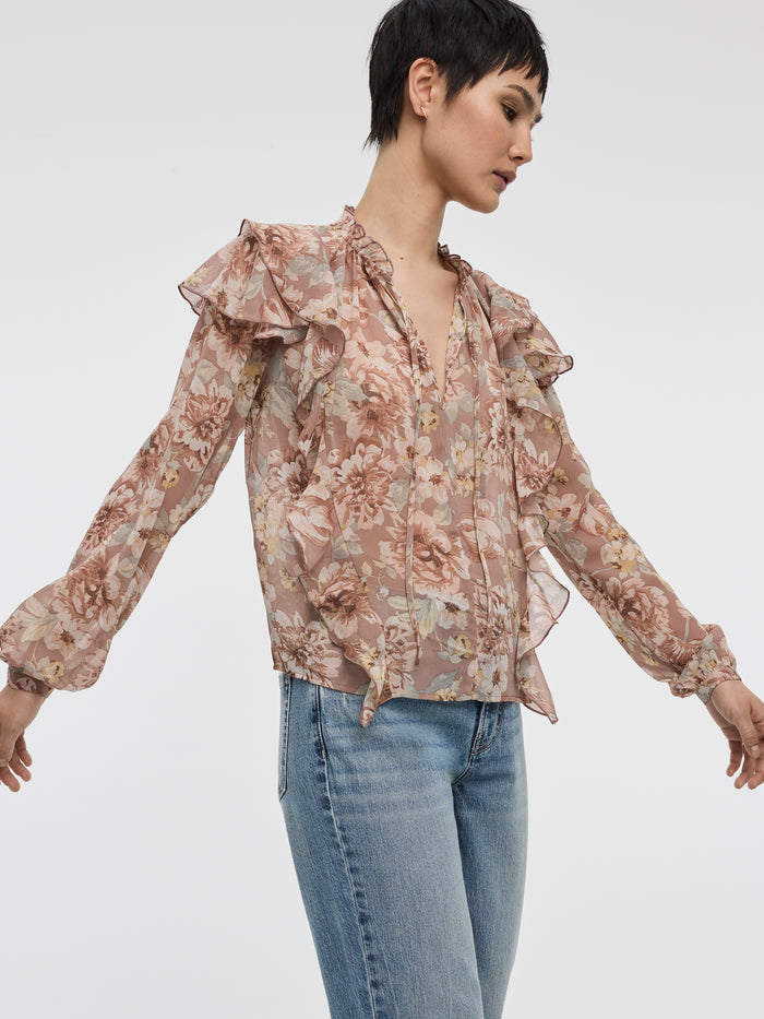 Long-Sleeve Split-Neck Blouse with Ruffled Details