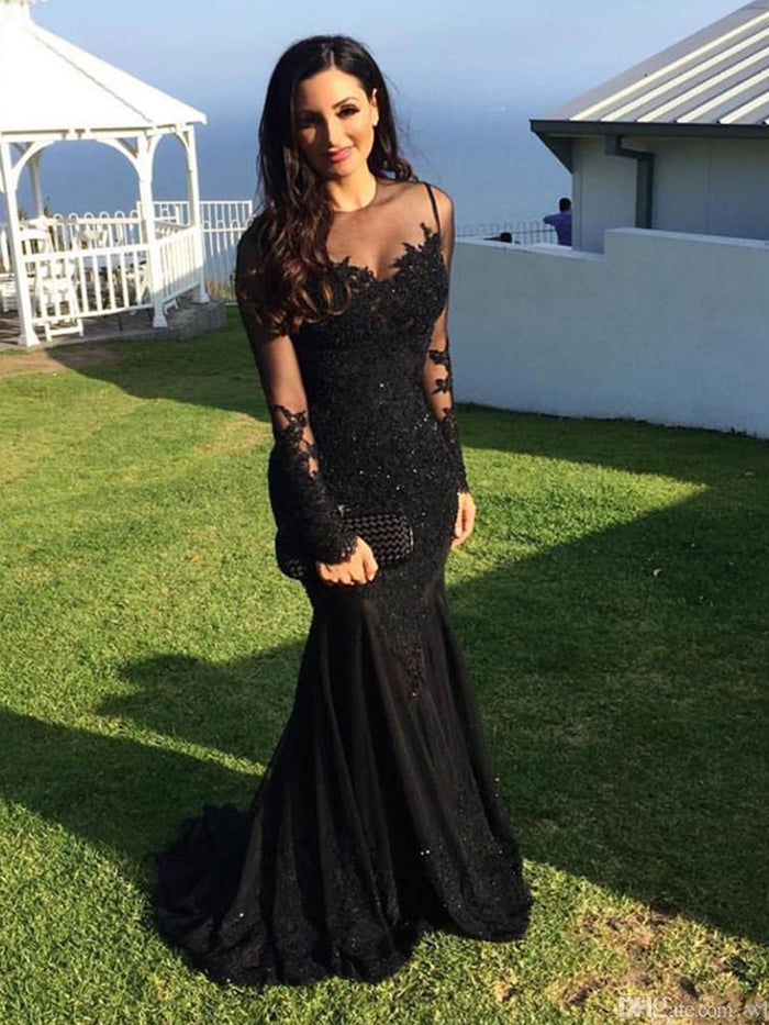 Long Sleeves Black Mermaid Prom Dresses, Black Mermaid Formal Dresses, Evening Dress, Party Dresses