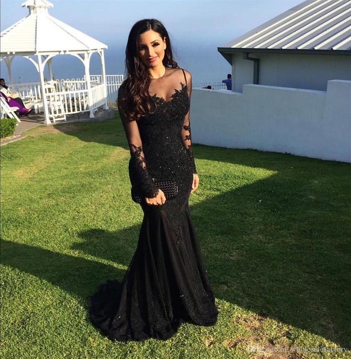 Long Sleeves Black Mermaid Prom Dresses, Black Mermaid Formal Dresses, Evening Dress, Party Dresses