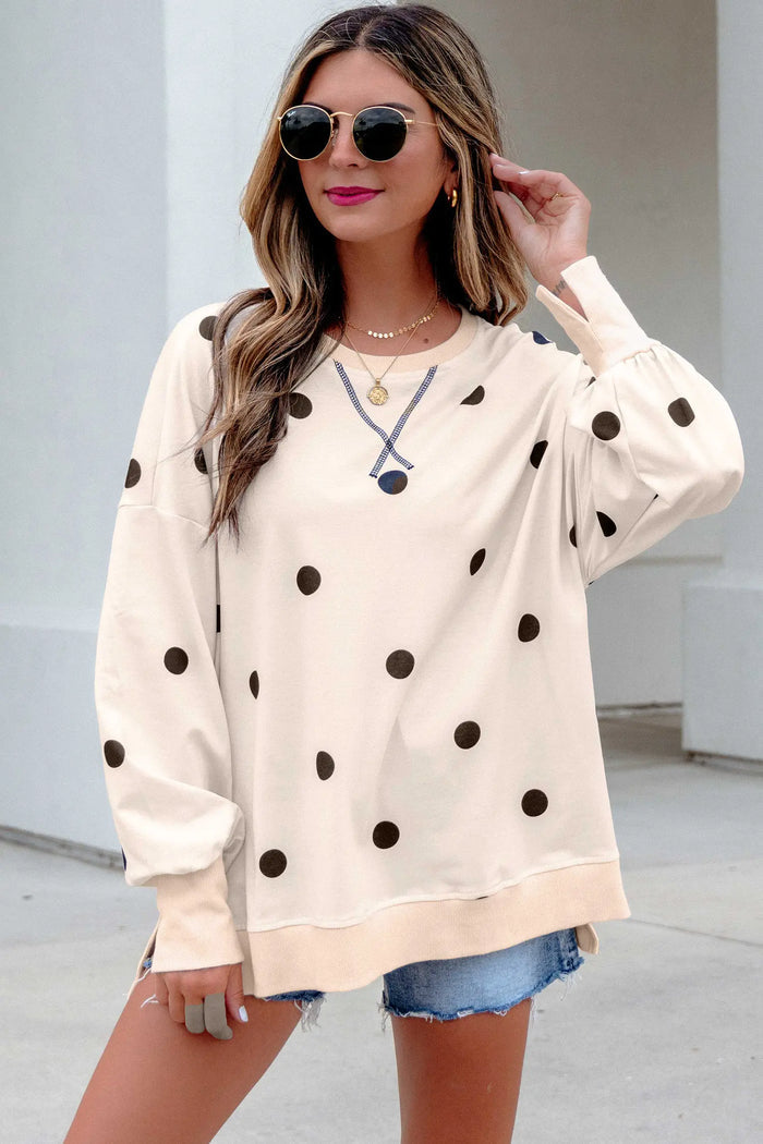 Loose-fit Long Sleeve Round Neck Polka Dot Tunic Sweatshirt – Beige
