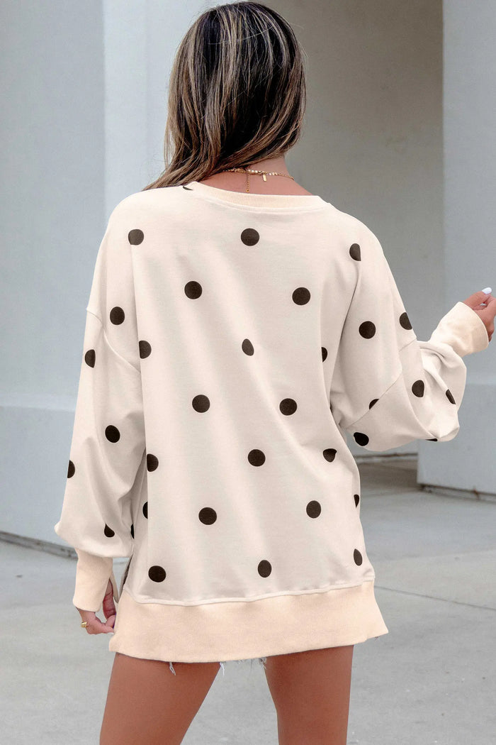 Loose-fit Long Sleeve Round Neck Polka Dot Tunic Sweatshirt – Beige