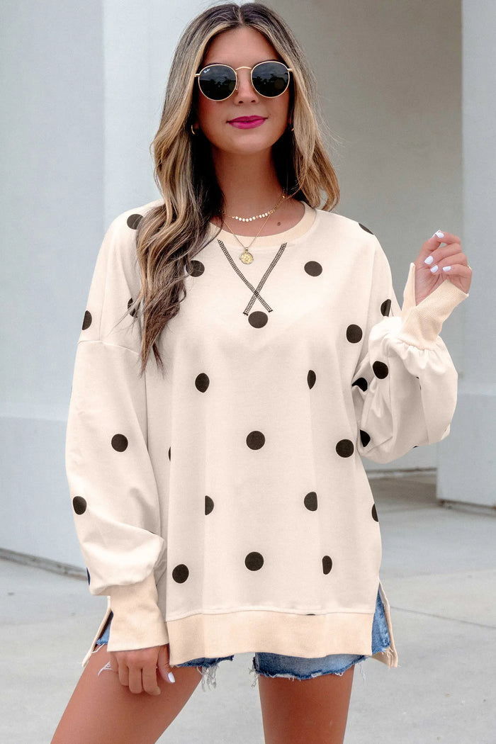 Loose-fit Long Sleeve Round Neck Polka Dot Tunic Sweatshirt – Beige