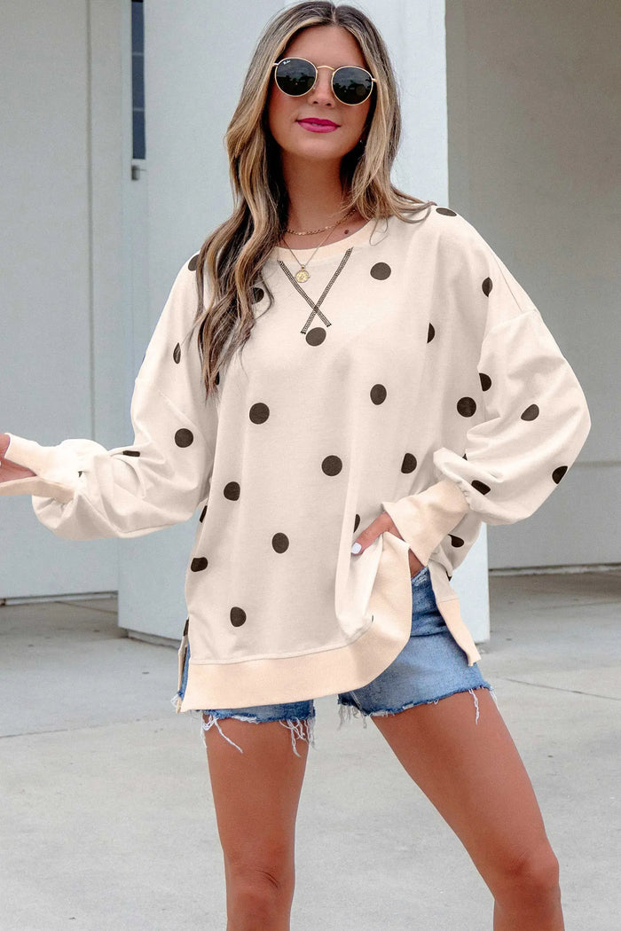 Loose-fit Long Sleeve Round Neck Polka Dot Tunic Sweatshirt – Beige