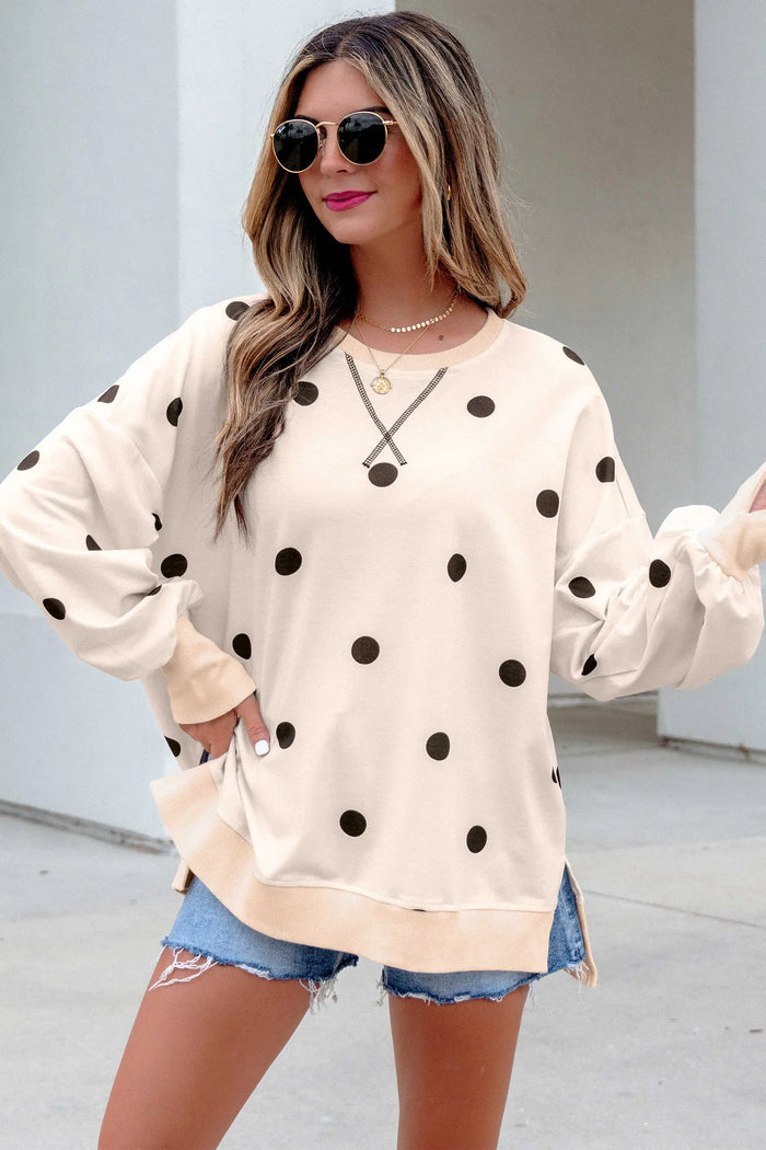 Loose-fit Long Sleeve Round Neck Polka Dot Tunic Sweatshirt – Beige