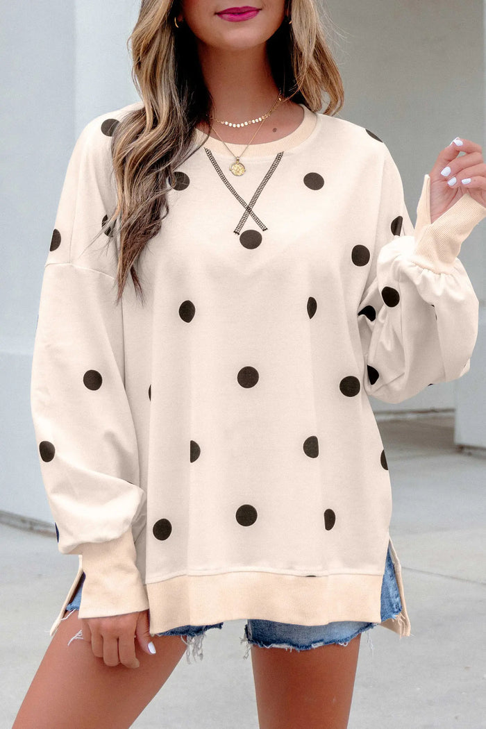 Loose-fit Long Sleeve Round Neck Polka Dot Tunic Sweatshirt – Beige