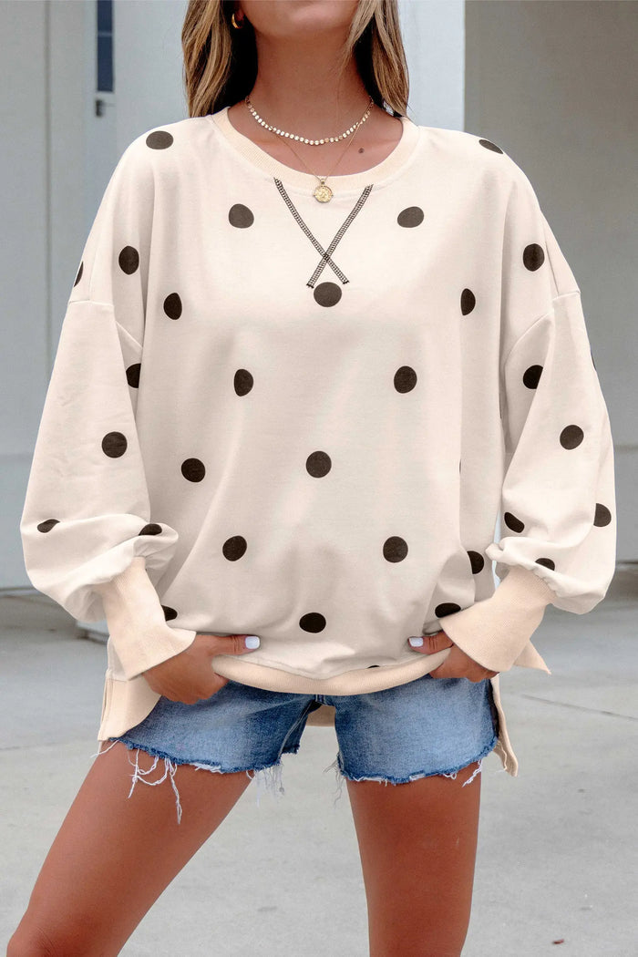 Loose-fit Long Sleeve Round Neck Polka Dot Tunic Sweatshirt – Beige