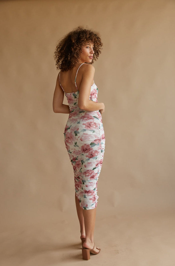 floral ruched mesh bodycon midi dress | unique rush dress boutique