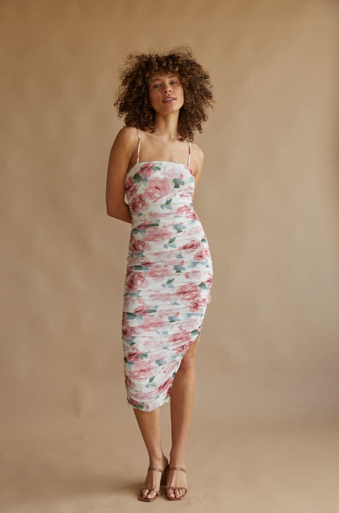 red roses on white bodycon midi dress with slit | unique floral brunch dress
