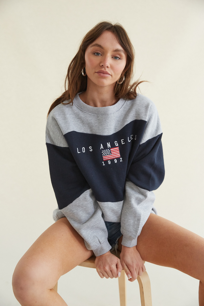 grey and navy colorblock sweatshirt - los angeles embroidered crewneck sweatshirt - comfy la crewneck