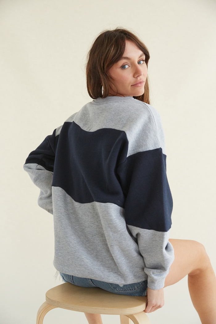 los angeles color block sweatshirt - american flag la sweatshirt - grey and navy color block crewneck