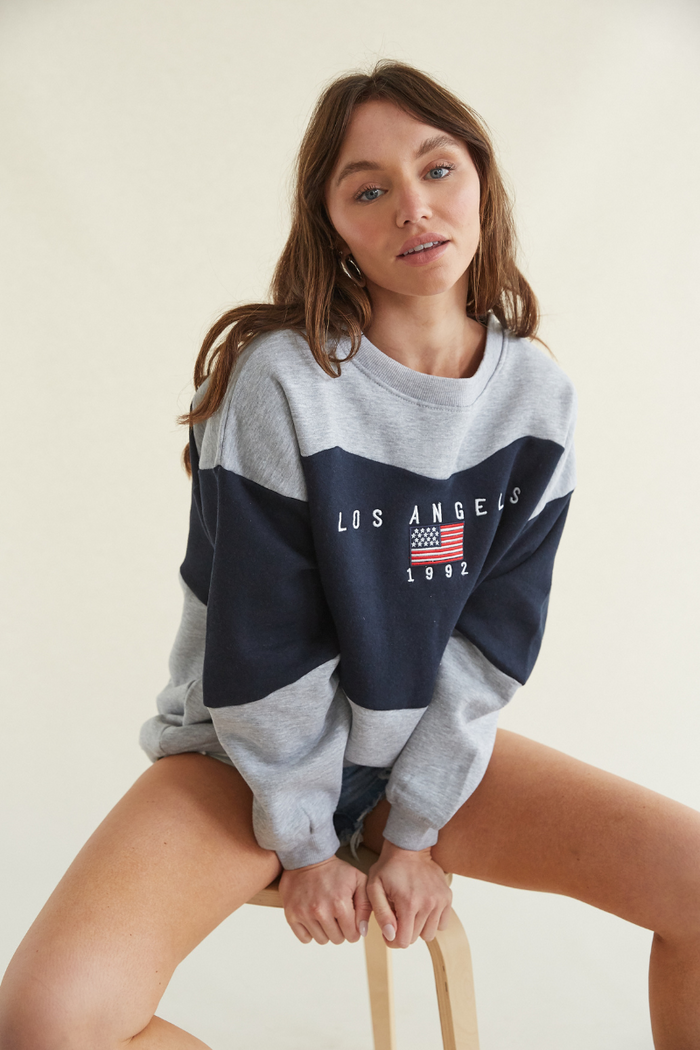 color block crewneck sweatshirt - navy and grey crewneck sweater - la embroidered sweatshirt