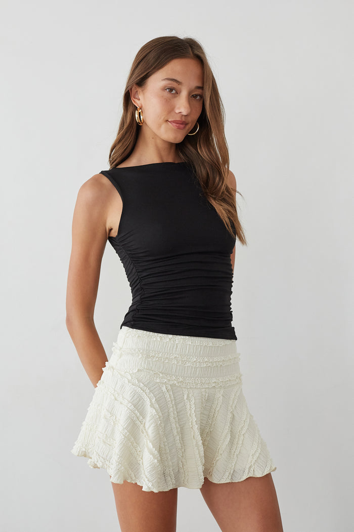 white-image | Detail-image | Lace Skater Skirt | close-up of the textured lace fabric, highlighting the intricate layers and ruffled details of the skirt.
