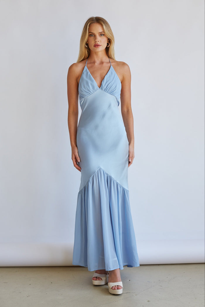 blue-image Front-image | Satin Midi Dress | front view showcasing a halter neck design with a fitted bodice and a flowing, tiered skirt in light blue satin.