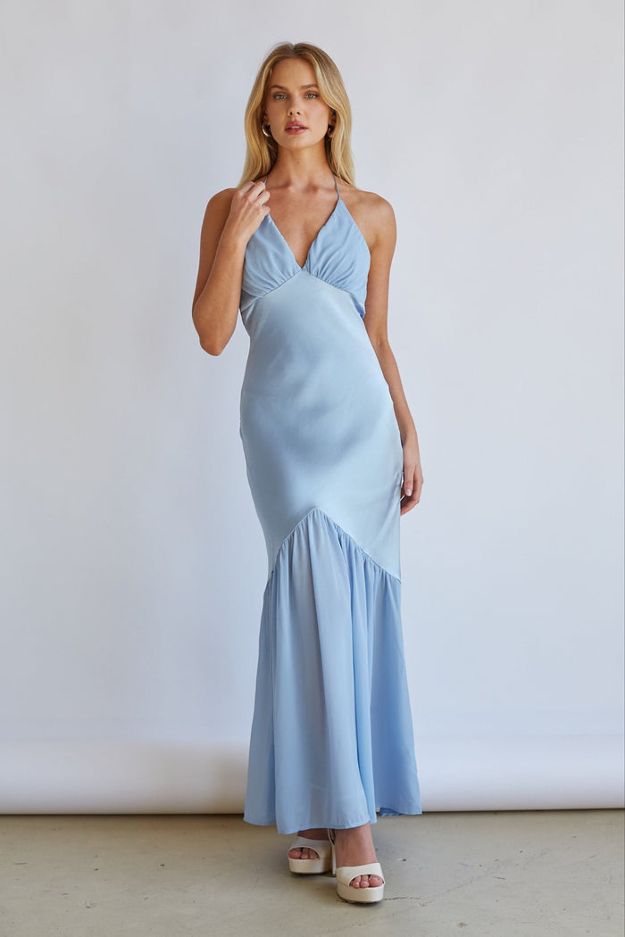 Detail-image | Satin Midi Dress | close-up highlighting the soft sheen of the light blue satin fabric and the gathered detailing at the bodice.