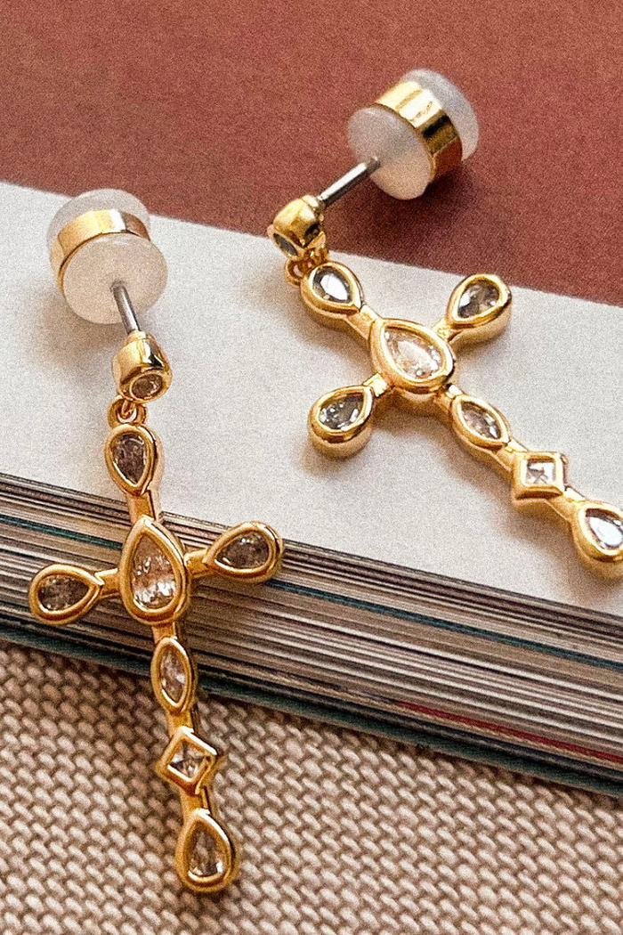 bezel stone cross stud earring from luv aj