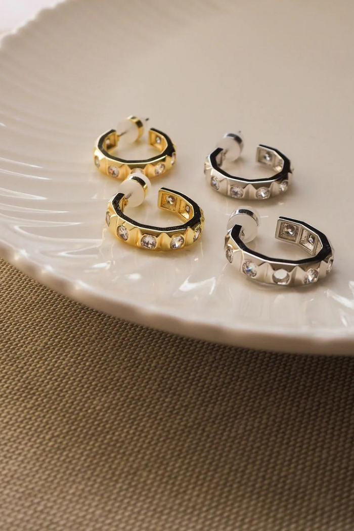 luv aj mini pyramid stud hoops earrings in gold and silver