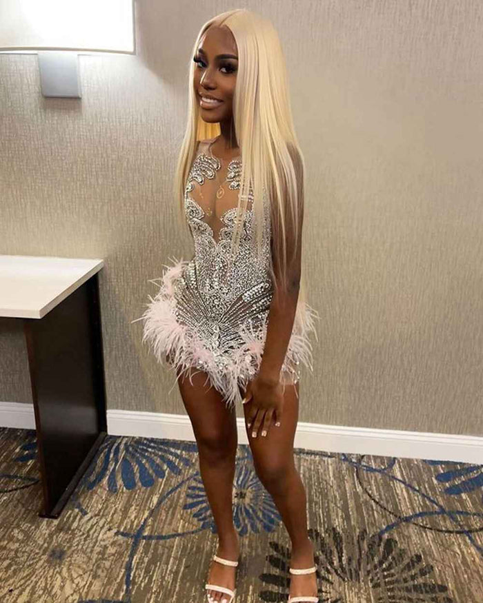 Luxurious Silver Crystals Feather Dress for Mini Birthdays