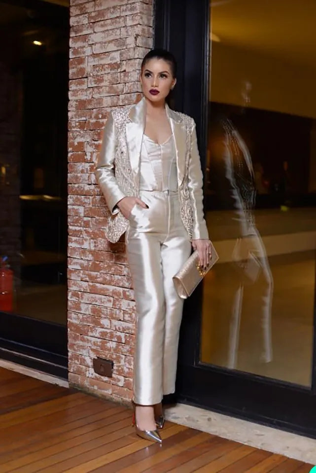 Luxury Crystal Beads Tuxedos  Women Blazer and Pants Set 2 Pieces - Envious Designs
