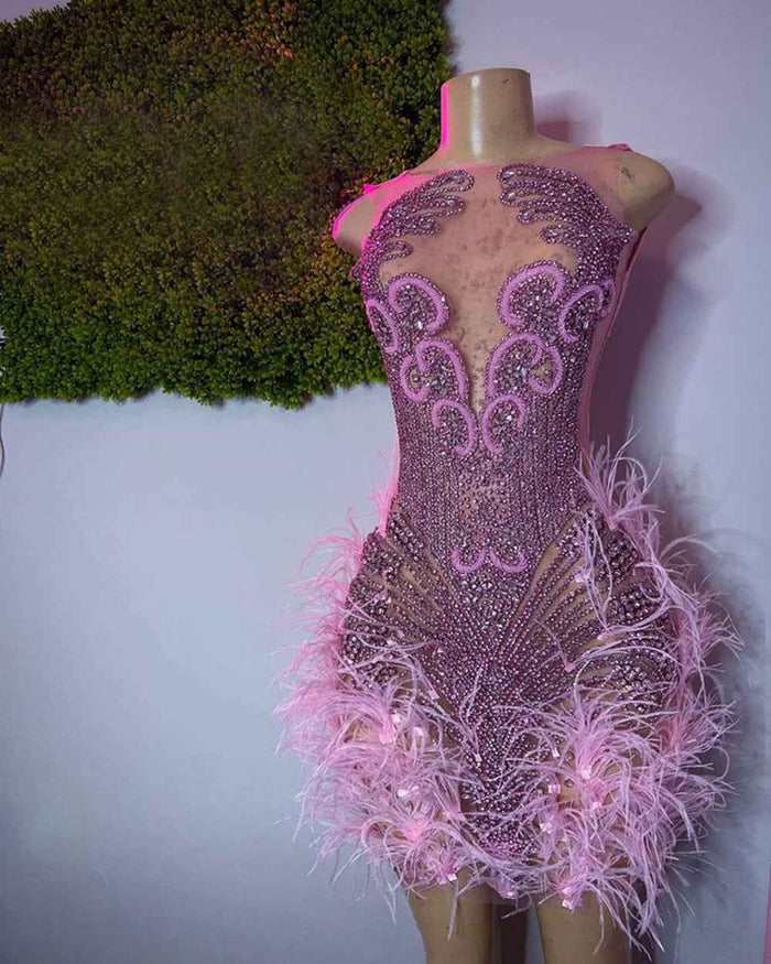 Luxury Crystal Mini Dress with Halter Neck and Feather Details for Birthday Celebrations