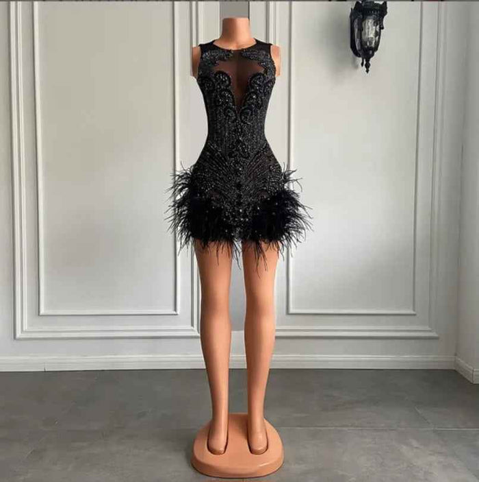 Luxury Crystal Mini Dress with Halter Neck and Feather Details for Birthday Celebrations