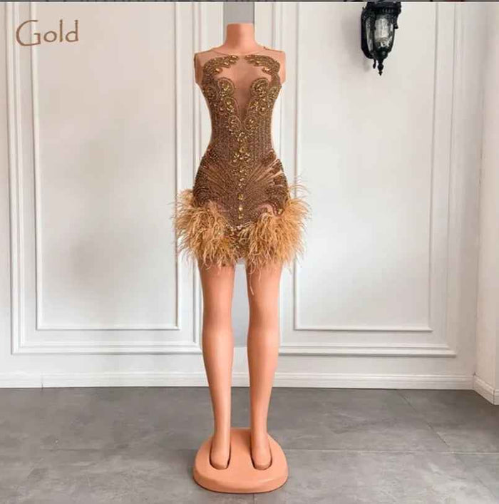 Luxury Crystal Mini Dress with Halter Neck and Feather Details for Birthday Celebrations