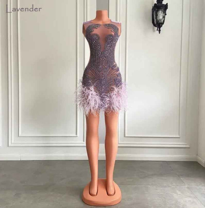 Luxury Crystal Mini Dress with Halter Neck and Feather Details for Birthday Celebrations
