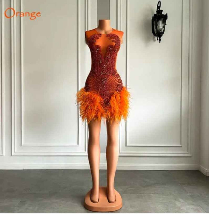 Luxury Crystal Mini Dress with Halter Neck and Feather Details for Birthday Celebrations