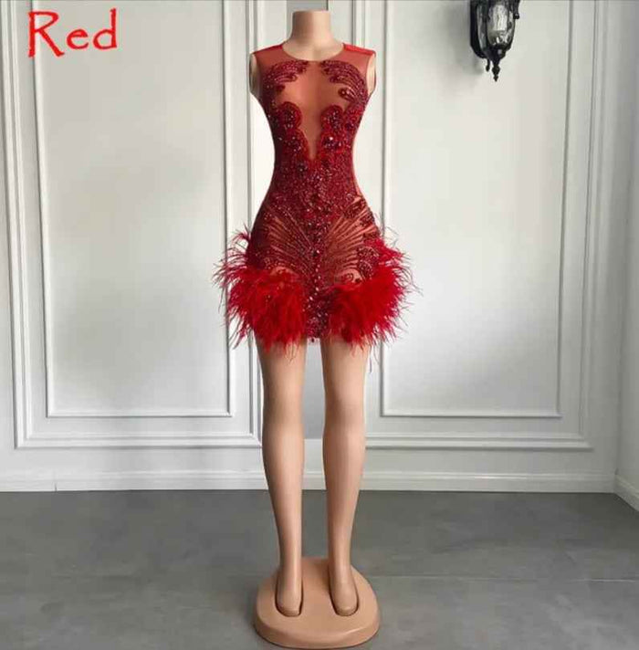 Luxury Crystal Mini Dress with Halter Neck and Feather Details for Birthday Celebrations