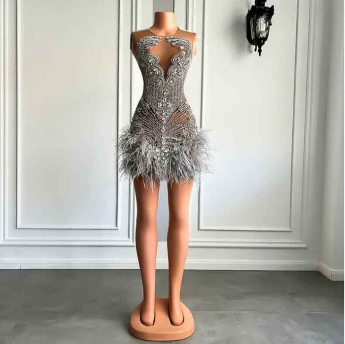 Luxury Crystal Mini Dress with Halter Neck and Feather Details for Birthday Celebrations