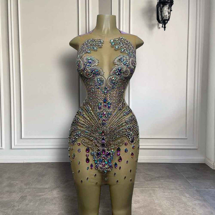 Luxury Crystals Sheer Mesh Sparkly Beads Birthday Dress