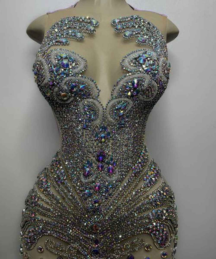 Luxury Crystals Sheer Mesh Sparkly Beads Birthday Dress