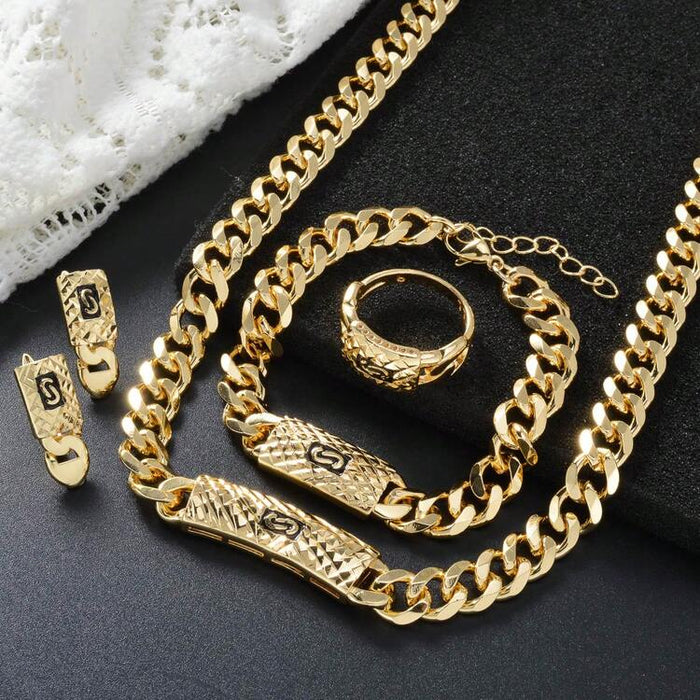 Luxury Gold Chain Jewelry Set – Necklace Bracelet Earrings Ring Set for Women
