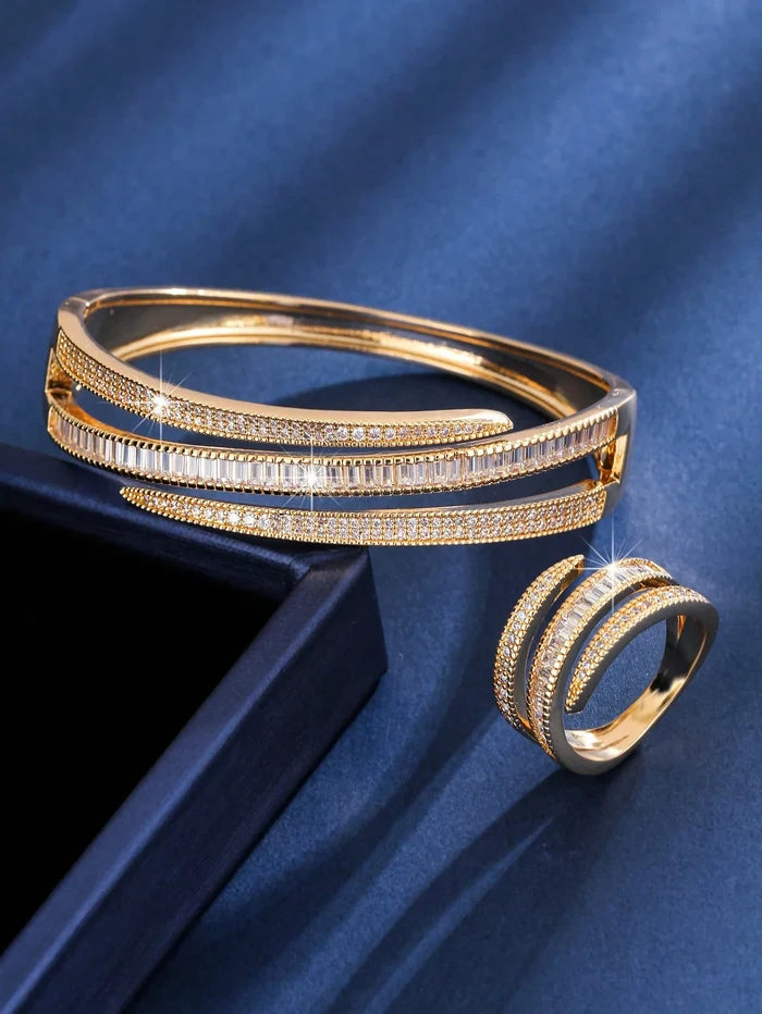 Luxury Gold Crystal Bracelet & Ring Set – Elegant Zircon Jewelry Set for Women