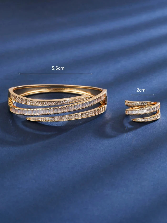 Luxury Gold Crystal Bracelet & Ring Set – Elegant Zircon Jewelry Set for Women